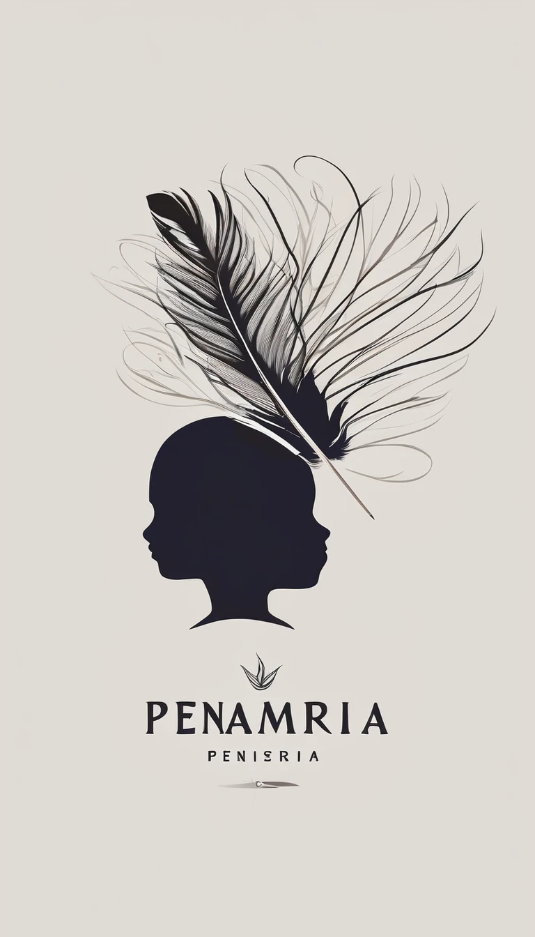 A minimalist, fantastic, poetic, dreamy, captivating, memorable, masterpiece, modern, simple logo design of a boy and a feather for the brand “Penamemoria". The logo must convey a sense of music, stories and dreams. Minimalistic logo design of a boy and a feather.