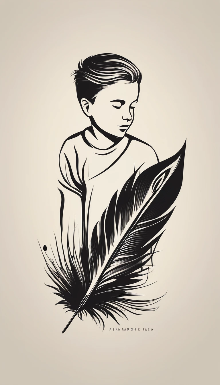 A minimalist, fantastic, poetic, dreamy, captivating, memorable, masterpiece, modern, simple logo design of a boy and a feather for the brand “Penamemoria". The logo must convey a sense of music, stories and dreams. Minimalistic logo design of a boy and a feather.
