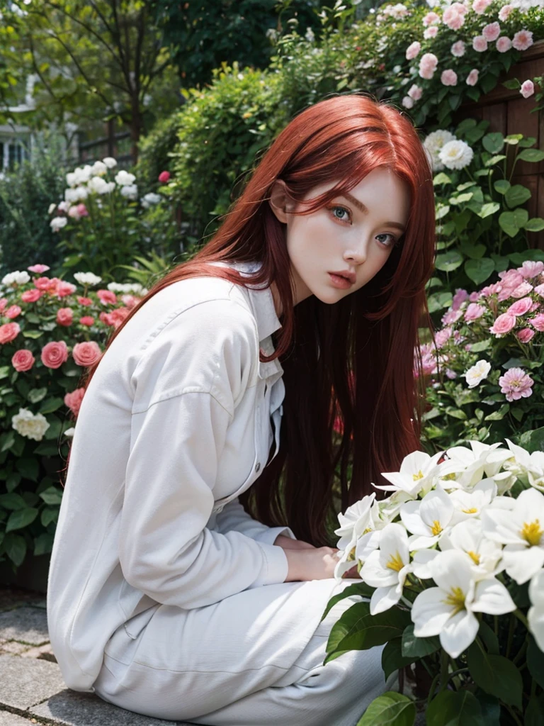 Long red hair, blue eyes, serious features, white skin, loose style, in a garden, with flowers 