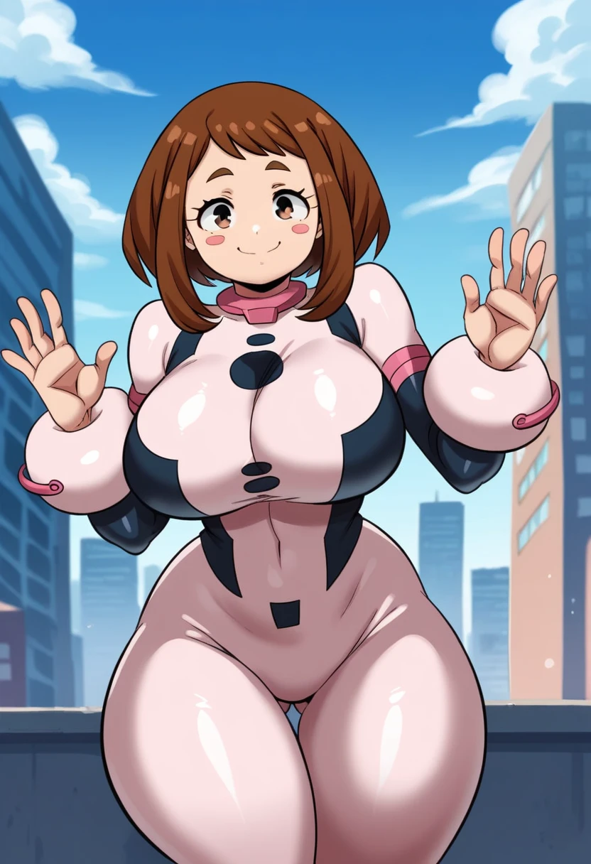 score_9, score_8_up, score_7_up, source_anime,
ochakouraraka, ochako uraraka, brown eyes, brown hair, short hair, blush, blush stickers, smile,
bodysuit, skin tight, superhero,
outdoors, cityscape,
looking at viewer, cowboy shot, huge breasts, curvy, dynamic pose,by joaoppereiraus,joao, half closed eyes, sexy