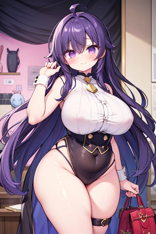 (masterpiece), (highest quality), ((Super detailed))、(super delicate)、Cute naughty Artificer mother、Pastel colors hair、(overwhelmingly huge breasts:1.2, Thighs:1.2, thick legs:1.2, curvy:1.2, towering stature:1.6, massive fat thick unnatural belly, Plump)、Gorgeous、purple eyes, (hair over one eyes:1.3, ahoge, messy hair:1.2, tired hair:1.2, flipped hair, very long hair, bags under eyes:1.3), black hair, (purple hair:1.1), (blush:1.2, emberrased:1.2, quiet personality:1.2, scared:1.2, looking away, wavy mouth), naked, hand over face