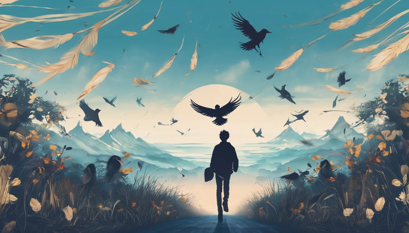 Create a professional, fantastic, cinematic Youtube Banner for a brand about music and stories called " Penamemoria". Masterpiece, 4k, sharp focus, highest quality,wide shot. The title is " Penamemoria". Is a brand about the creative, unique journey of a boy into becoming a musician storyteller. In his journey he finds inspiration in a world of birds and feathers. Minimalistic, simple, poetic, dreamy logotype at the center of the image. The Background image is a world full of fantastic feathers, unique birds, light blue sky, and a boy running happily into the horizon with an acoustic guitar in his right hand. Boy running against the wind, almost simulating like he is flying