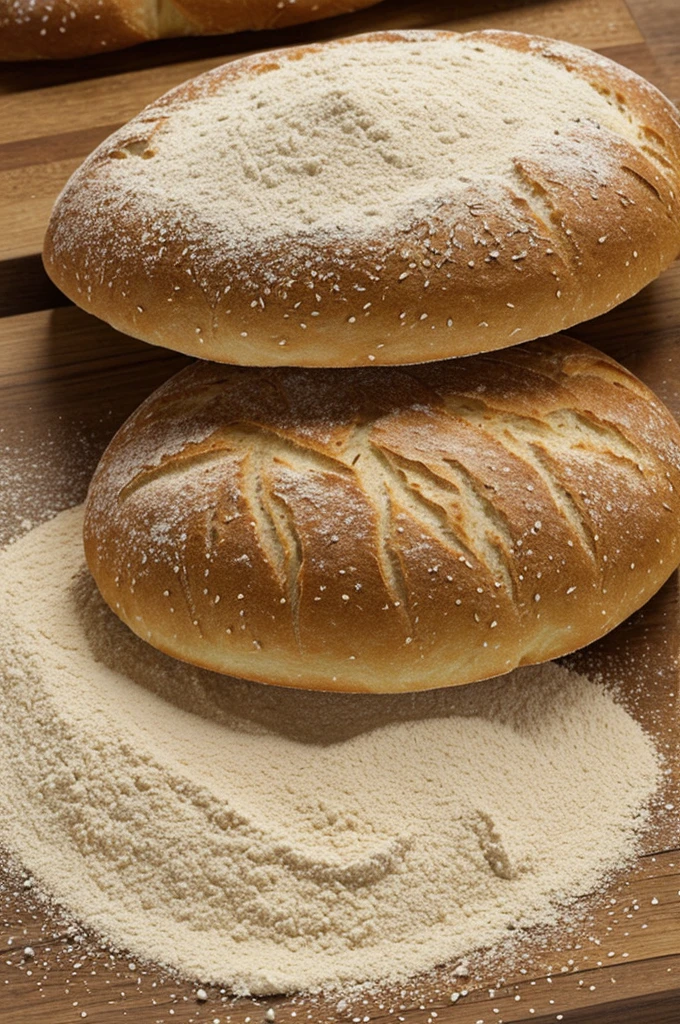 Generate a collection of photos containing artisanal breads, sprinkled flour, ear of wheat, in size of 1777 pixels by 444 pixels