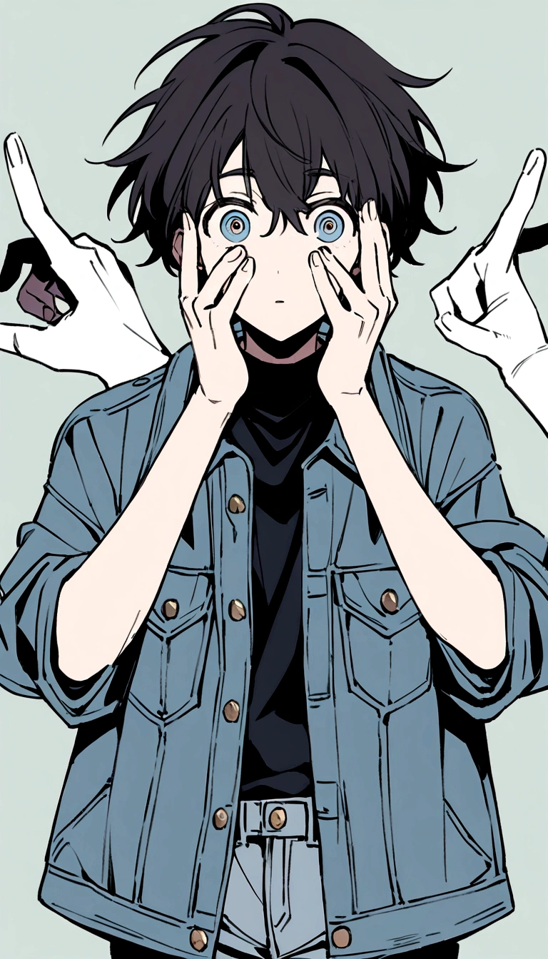Create an anime-style illustration of a boy with short, slightly messy dark hair. He should be wearing an oversized blue denim jacket. The boy's expression should be one of surprise or shock, with wide eyes and his hands held up to his face, fingers spread apart. The background should be a plain, light grayish-blue color to keep the focus on the character. Ensure the drawing has a clean, detailed, and slightly pastel color palette to match the aesthetic of modern anime illustrations.