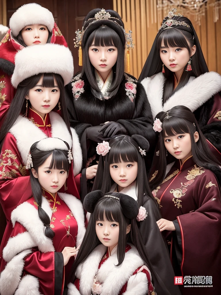 fluffyの毛皮。fluffy。Photos of Chinese royal women。chinese traditional costume。Surrounded by fair-skinned adult women。Women wearing fur dresses and veils covering their faces are lined up。Beautiful women in luxurious furs。The dark dungeon of an old stone castle。Fisheye Lens、Fur coat。Multiple women。