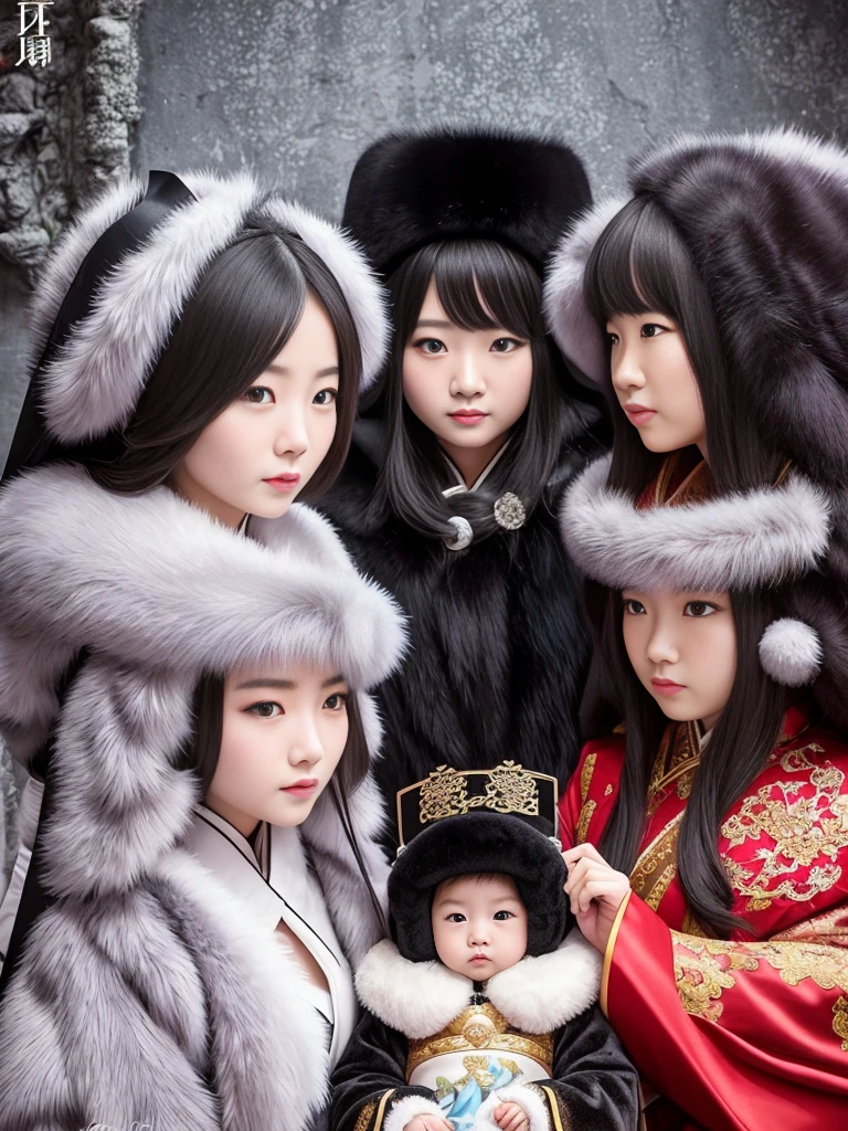 fluffyの毛皮。fluffy。Photos of Chinese royal women。chinese traditional costume。Surrounded by fair-skinned adult women。Women wearing fur dresses and veils covering their faces are lined up。Beautiful women in luxurious furs。The dark dungeon of an old stone castle。Fisheye Lens、Fur coat。Multiple women。