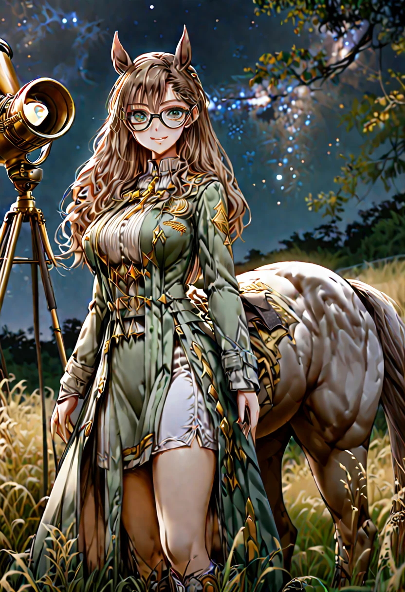 solo, female, sfw, medium shot, long wavy hair, brown hair, dark green eyes, centaur girl, brown horse ears, huge breasts, scholar, modest clothes, night sky, horse lower body, calm smile, brass telescope, starry sky, grassy field, night, coat, glasses