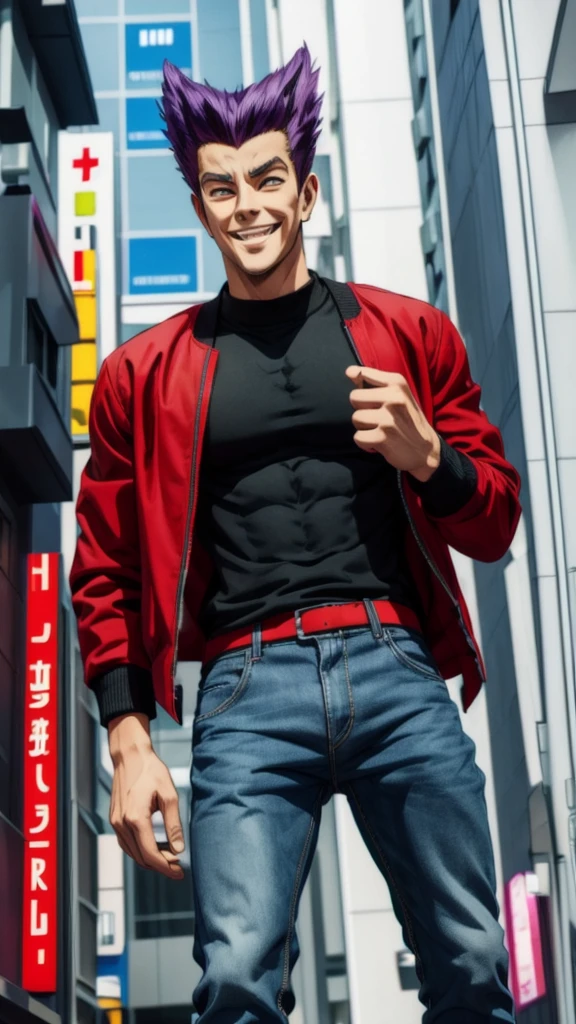 Bad boy, low angle, purple pompadour, red jacket and jeans, looking at camera, smiling, Tokyo city，Pocket Hand、solo