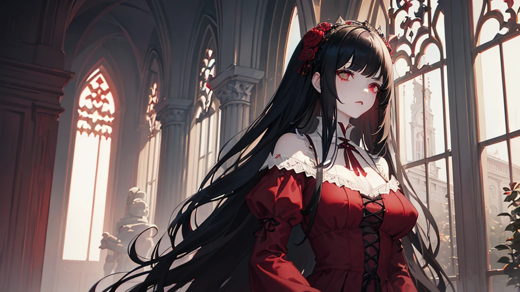 Art, An detailed illustration of (girl with straight black hair wearing a white and dark red dress and big, pale skin and red eyes with a scary look 4k, retro gothic, dark fantasy, victorian style, highly detailed, anime style, intricate, octane render, extremely detailed and with a dark background behind her 