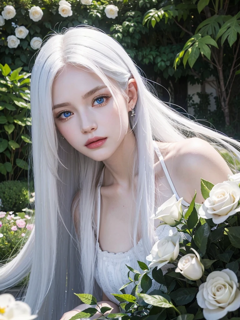 Long white hair, blue eyes, serious features, white skin, loose style, in a garden, with flowers