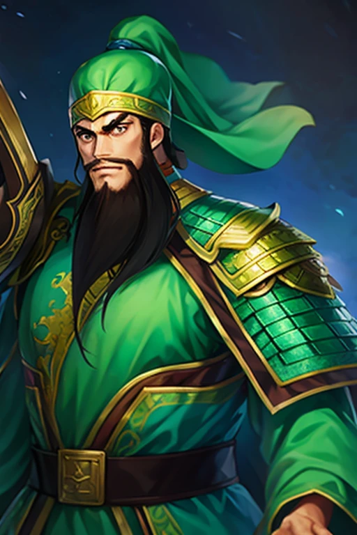 GuanYu, beard, Hat ,blue armorl, shoulder armor, chinese clothes, green dragon crescent blade