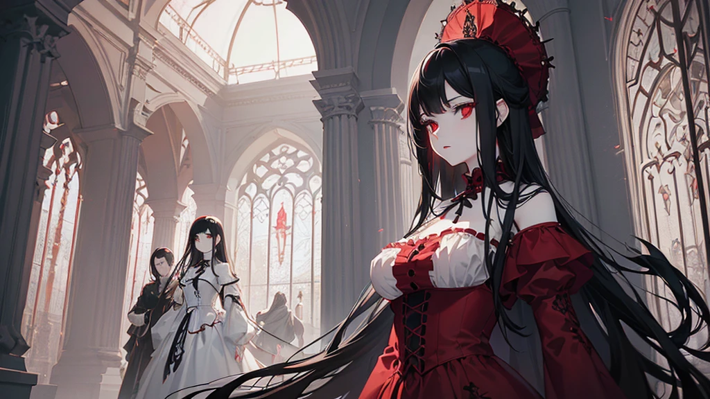 Art, An detailed illustration of (girl with straight black hair wearing a white and dark red dress and big, pale skin and red eyes with a scary look 4k, retro gothic, dark fantasy, victorian style, highly detailed, anime style, intricate, octane render, extremely detailed and with a dark background behind her