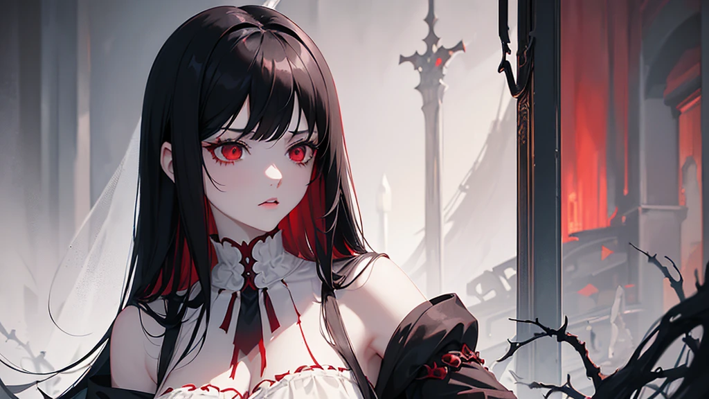 Art, An detailed illustration of (girl with straight black hair wearing a white and dark red dress and big, pale skin and red eyes with a scary look 4k, retro gothic, dark fantasy, victorian style, highly detailed, anime style, intricate, octane render, extremely detailed and with a dark background behind her 