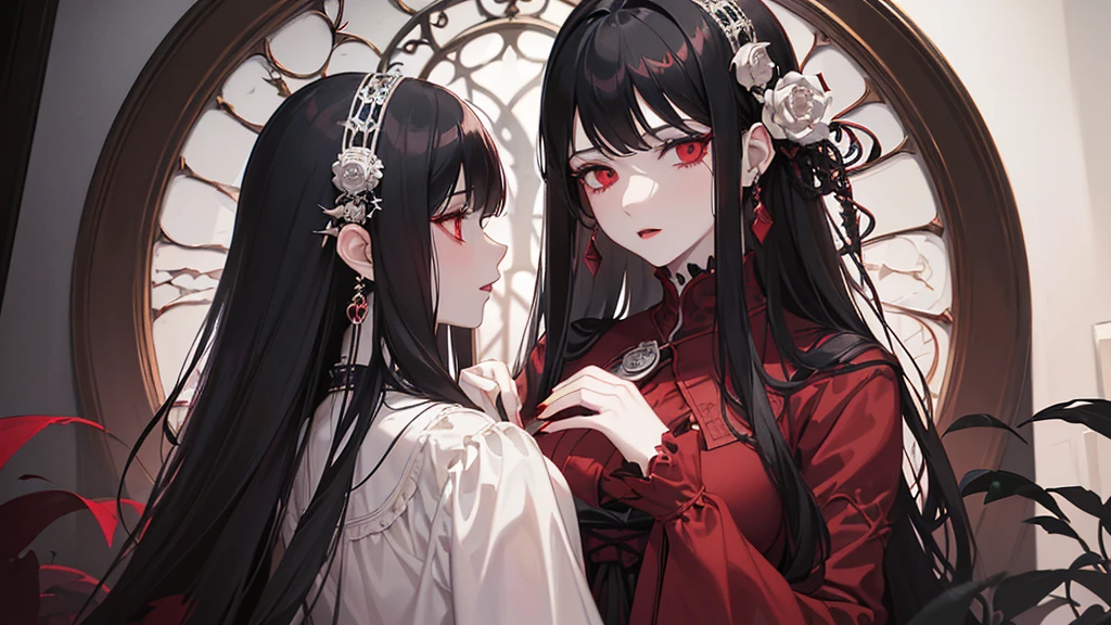 Art, An detailed illustration of (girl with straight black hair wearing a white and dark red dress and big, pale skin and red eyes with a scary look 4k, retro gothic, dark fantasy, victorian style, highly detailed, anime style, intricate, octane render, extremely detailed and with a dark background behind her 