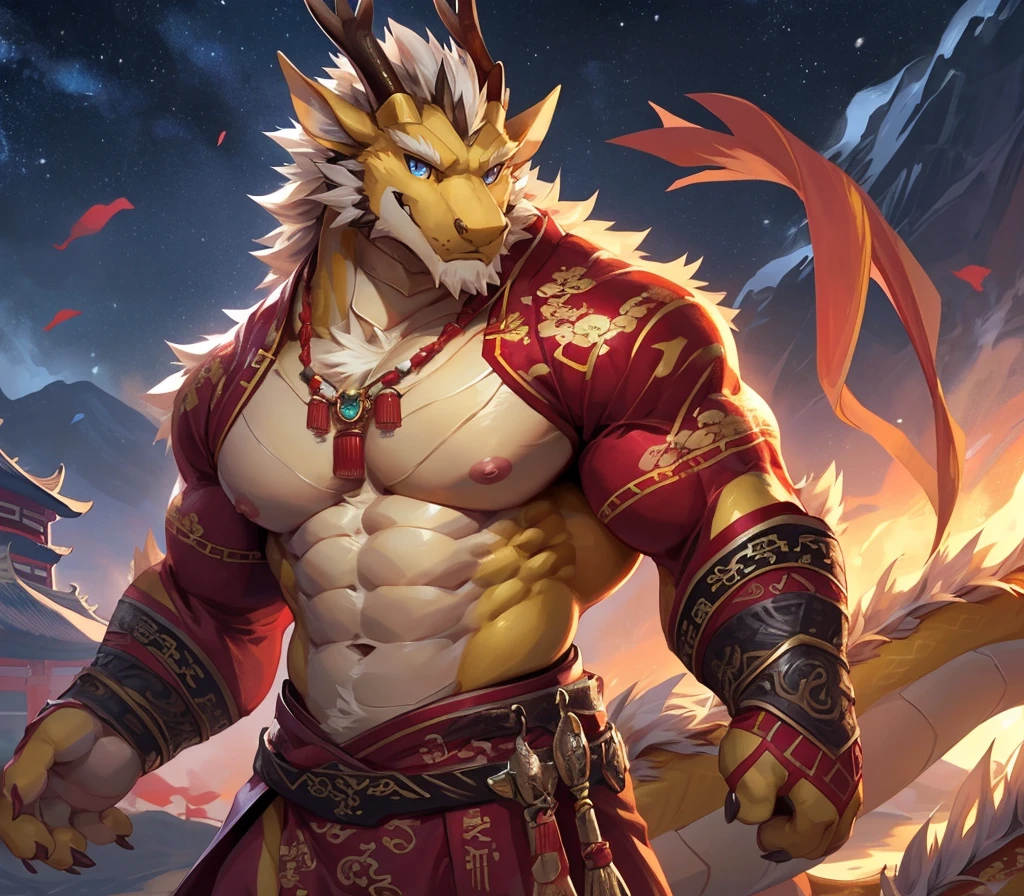 absurdres, ((best quality)), ((masterpiece)), (ultra detailed),perfect face,antro oriental dragon:2.5, male , (((chinese dragon))):2.5, (((eastern dragon))):2.5,(yellow body), (strong beefy muscular body), (abs, strongmuscles, 8 pack), furry, handsome,Beautiful and delicate eyes, (ultra detailed eyes, mauve color eyes, sharp eyes), night, traditional, detailed scene,full body, (traditional chinese attire),hanfu, shirtless, topless, pink nipples, (by null-ghost, by pino daeni), (full body), wearing random pattern necklace, claws, ((fluffy fur, fluffy, furry body)), (a pair of dragon antler), upper body naked