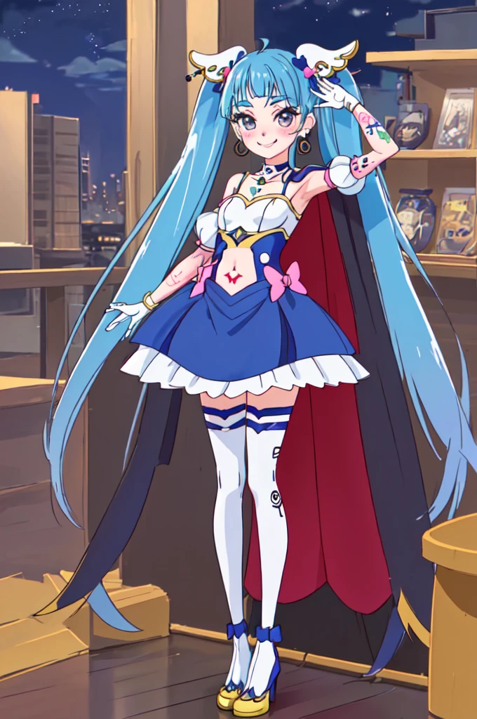 (Highest quality:1.4), (masterpiece:1.4), (High resolution:1.2), (Very detailed:1.2), 1 Girl, alone, smile, Looking at the audience, Are standing, Cure Sky, Wing hair ornament,  In the background office, night,、Micro Mini Skirt、Absolute area、Thigh-high socks、Cowboy Shot、tattoo, High heels, （Dark purple lipstick、Purple lips）Absolute area、レザーMicro Mini Skirt、Browsing Caution、(Shaved pussy, (下腹部のtattoo:1.5), (スペードtattoo:1.5), (belly button: 1.1), (Expressionless: 1.3), (Are standing: 1.3), sleeve, collar, latex, Legwear, High heels, ribbon, Harness, (Chest jewels, Side cut-outs, Waist cutout, belly buttonの切り欠き, Gastrotomy, Detailed Background, View Audience,High heels, Absolute area、Browsing Caution、, ,））, Cowboy Shot、Expressionless、Earrings、Bodycon, blush, eyelash, Cleavage, belly button, Face Focus, With an evil smile, Grin, corruption, (O-ring), (Shiny Gossy Skin:1.2), choker, jewelry, Earrings, necklace, Knee socks, Arms at your sides, Elbow Groove, In the background office, night,