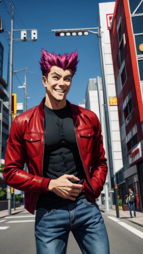 Bad boy, low angle, purple pompadour, red jacket and jeans, looking at camera, smiling, Tokyo city，Pocket Hand、solo