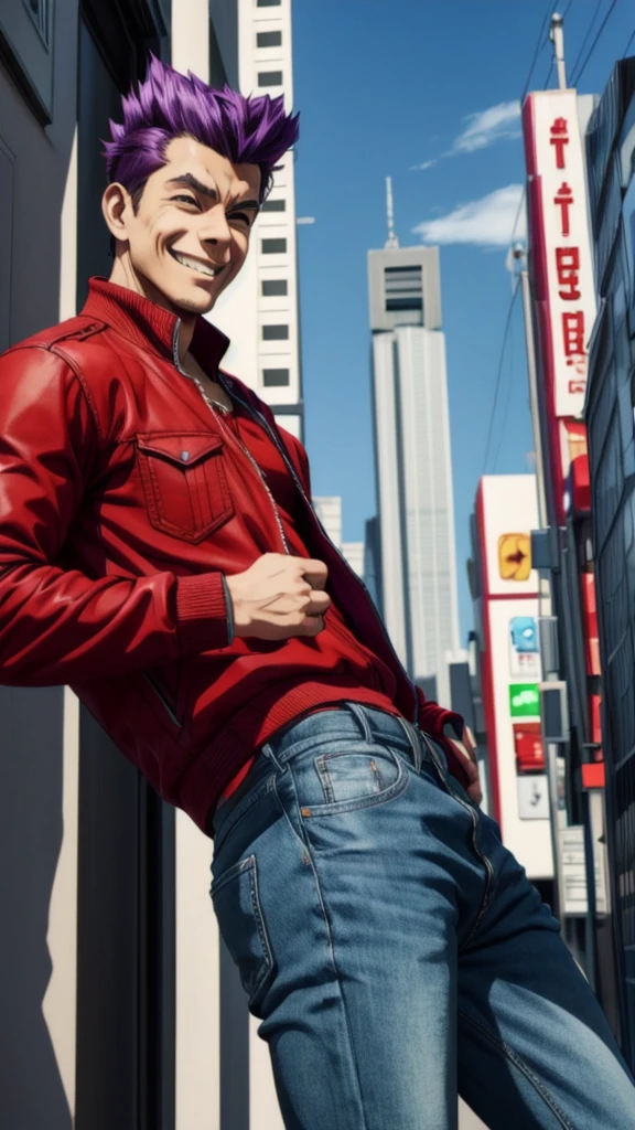 Bad boy, low angle, purple pompadour, red jacket and jeans, looking at camera, smiling, Tokyo city，Pocket Hand、solo