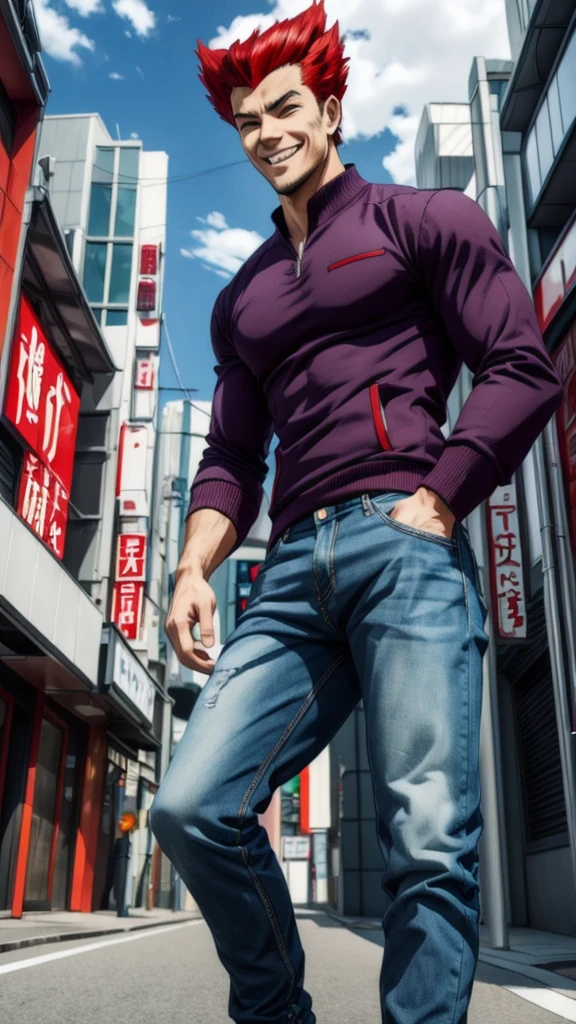 Bad boy, low angle, purple pompadour, red jacket and jeans, looking at camera, smiling, Tokyo city，Pocket Hand、solo