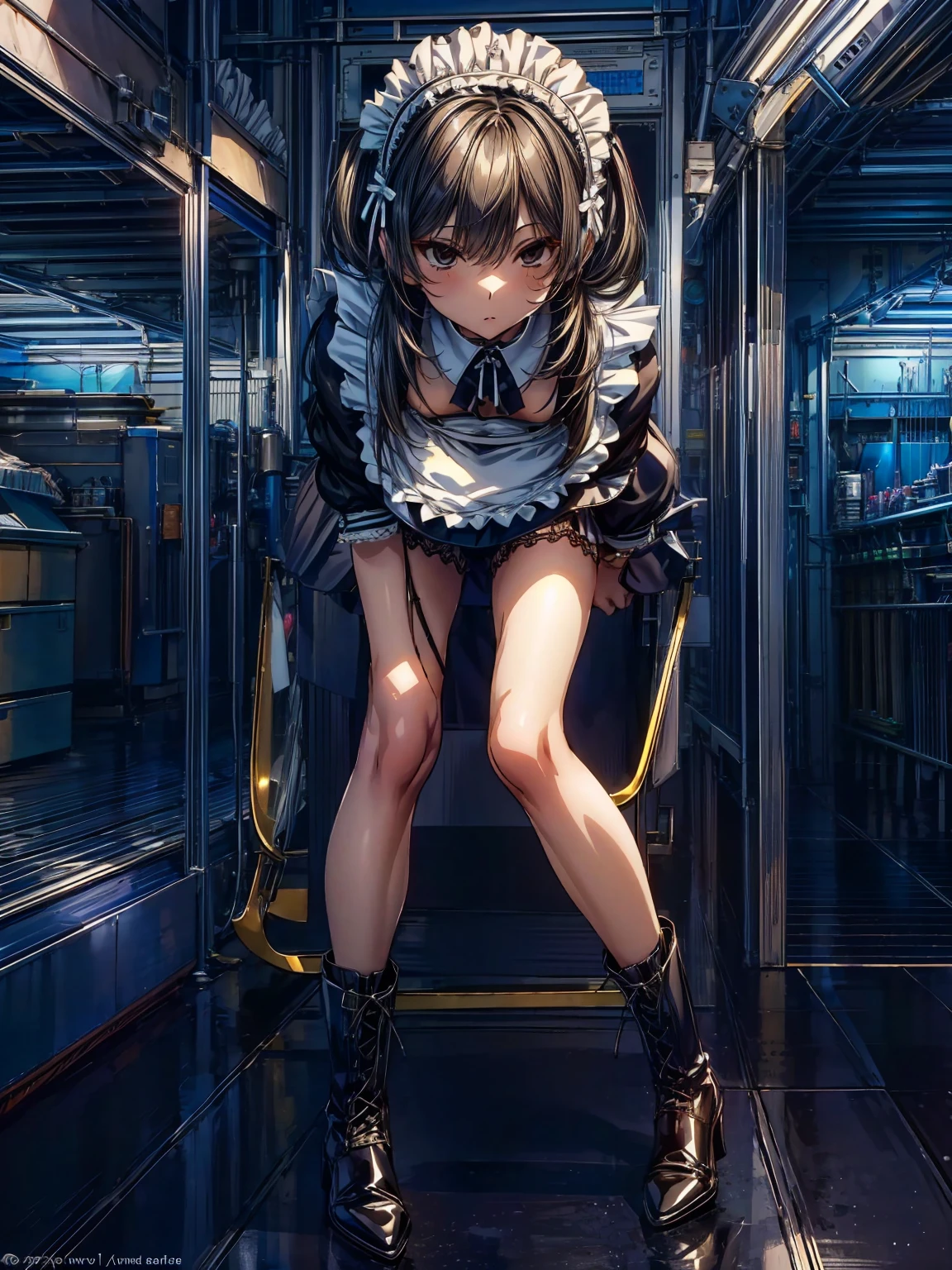 (Perfect Anatomy:1.2, Highest quality),(Maid leotard details:2.0),One Girl,alone,Long Hair:1.5, (Short sleeve, Thighs,Maid Cufflinks),,Hypno Lola, Hollow Eyes,(High heel lace-up boots:1.4),,Dark aura,Leotrad,,love for viewers,Look down,(at a research facility:1.8),(Fighting Pose:1.4),