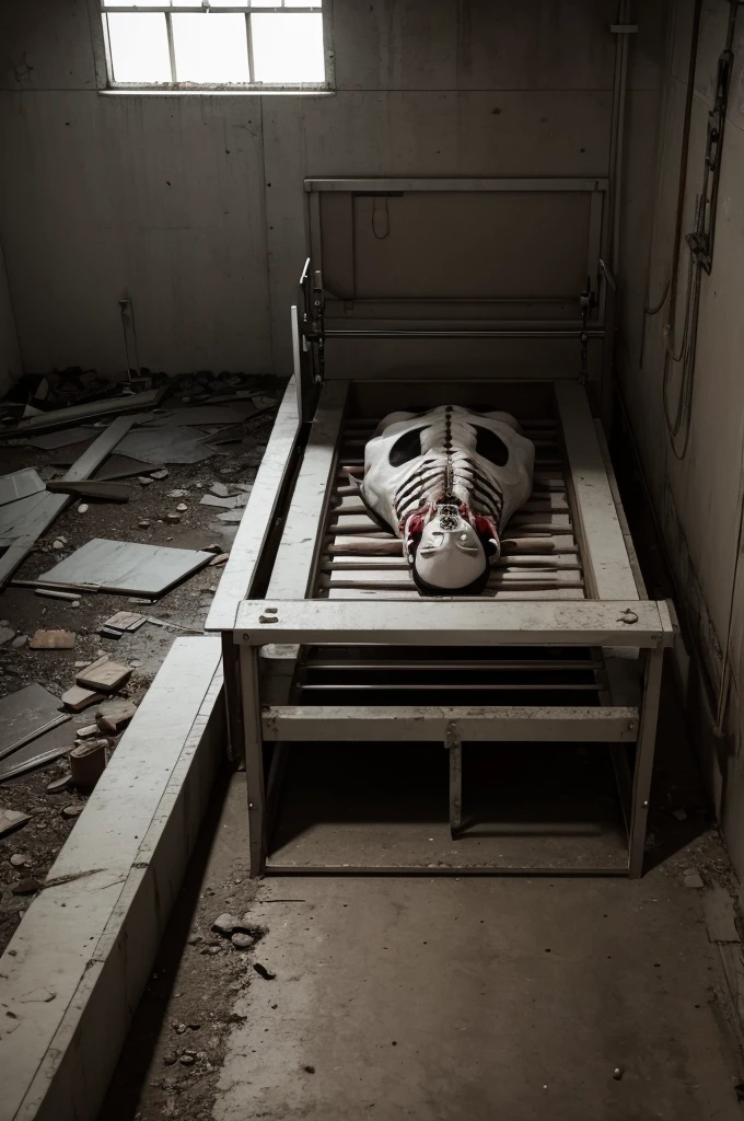 Scary image of stretcher in sinister abandoned morgue
