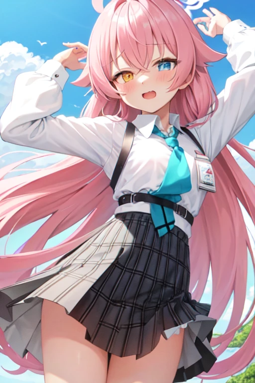 masterpiece, Highest quality, Super detailed, One girl, Hoshino, White shirt, Pleated skirt, Embarrassed, Are standing,
 Outdoor,armpits