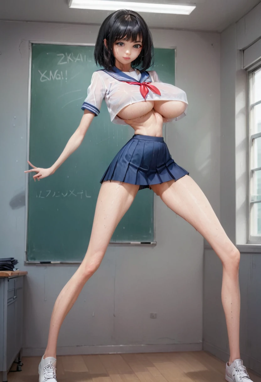 (masterpiece, best quality:1.2), Realistic, front shot, 1girl, kawaii, (super big breasts, micro waist, very long legs:1.4), Big Ass, Black hair, short bob hair, short height, scrawny and thin body, Light Skin, cute eyes, tiny slender cute face, detailed face, Tight school blazer, miniskirt, pigeon-toed, wet and sweaty, big visible ribs, V sign, Trembling