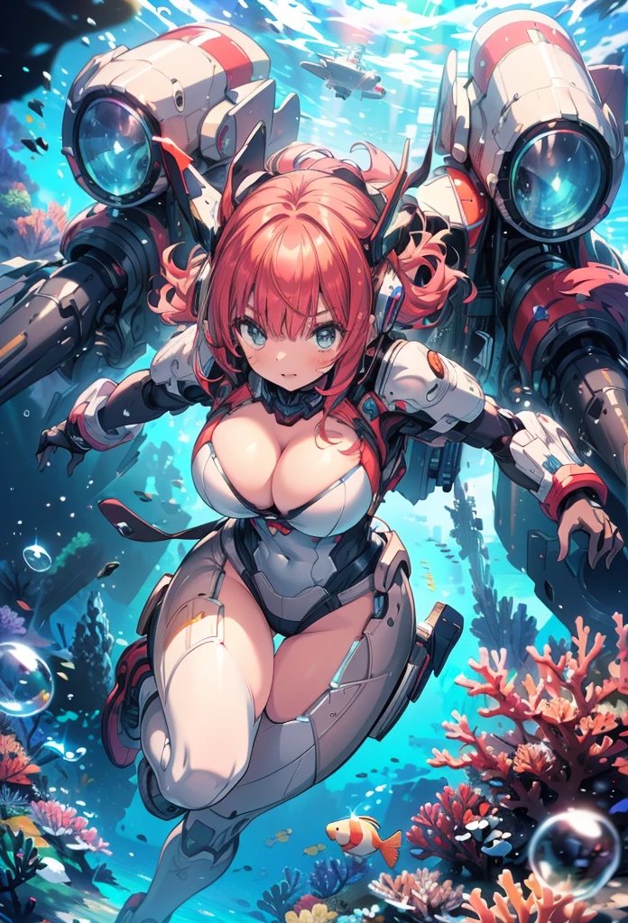 masterpiece, best quality, high resolution, extremely detailed CG, absurdres, highres, 1girl, solo, a girl in mech suit moving fast with rocket boosters under the sea,headgear,Thighs, cleavage,  jets, torpedo, arounded by bubbles, coral, red_hair,Colorful portraits