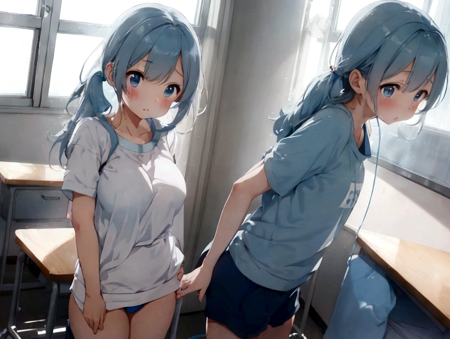 A boy in a hugs me from behind、Big Breasts、Cute light blue bra、Plain white, soaked with sweatTshirt、ブラがtshirtに透ける、Cute light blue string underwear、A girl is hugged and kissed by a tall boy in gym clothes、classroom