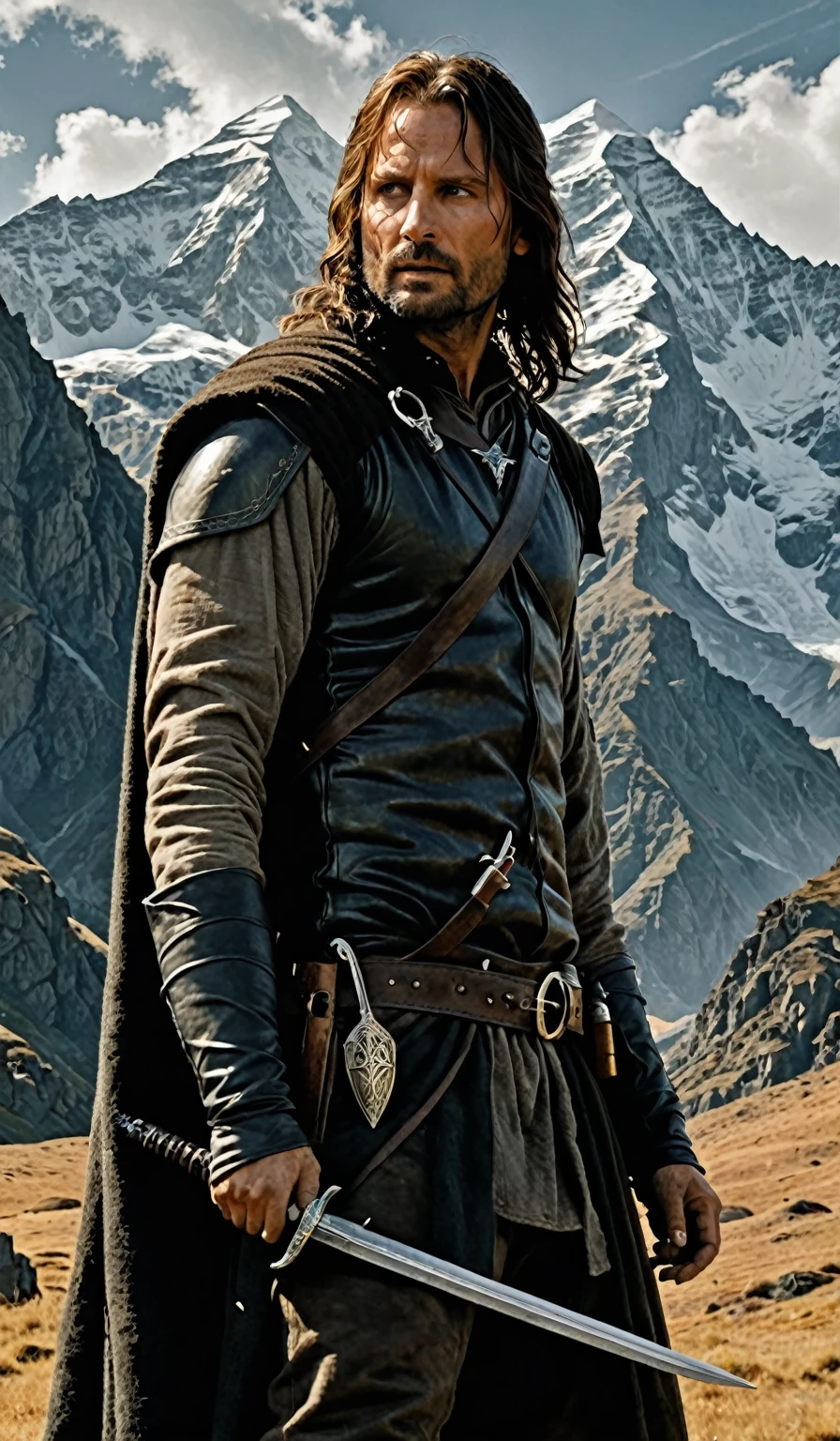 aragorn from the lords of the rings in front of a mountain, with his sword Andúril