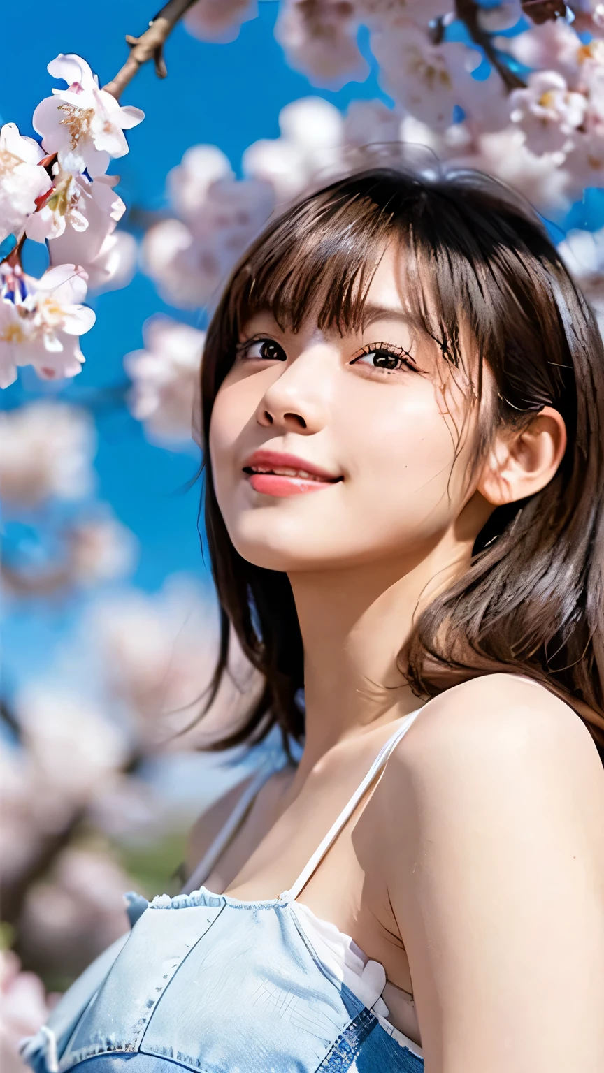 (Highest quality,masterpiece:1.3,Ultra-high resolution),(Very detailed,Caustics,8K),(Realistic:1.4,RAW shooting),1 Girl,sit,(smile),(looking at the camera),20-year-old,cute,Japanese,Natural brown medium hair,(White blouse),Denim mini skirt,glamorous,(big ),( focus),Grass,cherry blossoms,blue sky,sun,Natural light,(Lens flare),Professional Writing,(Bust up shot),(Tilt composition:1.3),(low position:1.4),(Low Angle:1.4)