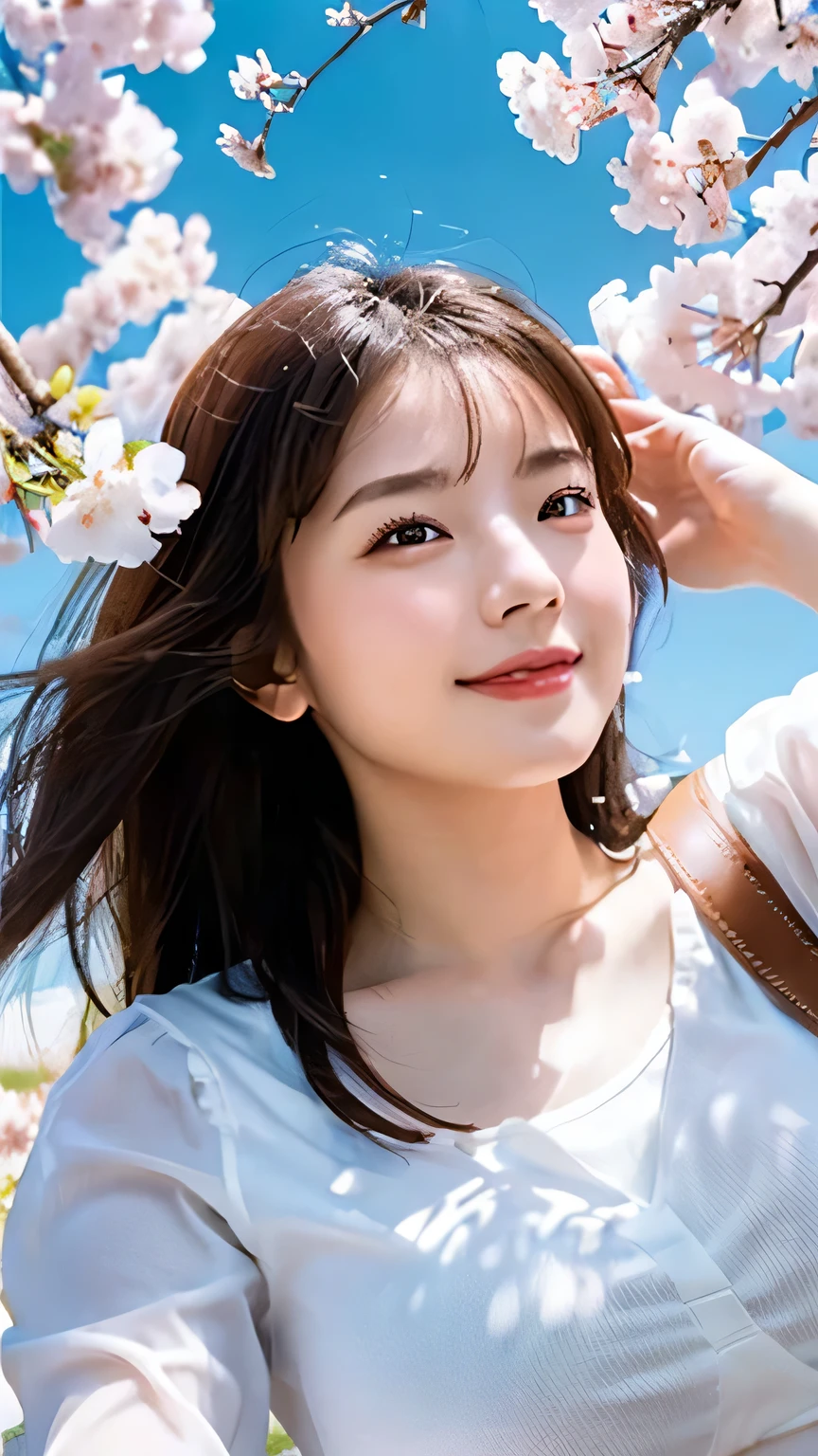 (Highest quality,masterpiece:1.3,Ultra-high resolution),(Very detailed,Caustics,8K),(Realistic:1.4,RAW shooting),1 Girl,sit,(smile),(looking at the camera),20-year-old,cute,Japanese,Natural brown medium hair,(White blouse),Denim mini skirt,glamorous,(big ),(breast focus),Grass,cherry blossoms,blue sky,sun,Natural light,(Lens flare),Professional Writing,(Bust up shot),(Tilt composition:1.3),(low position:1.4),(Low Angle:1.4)