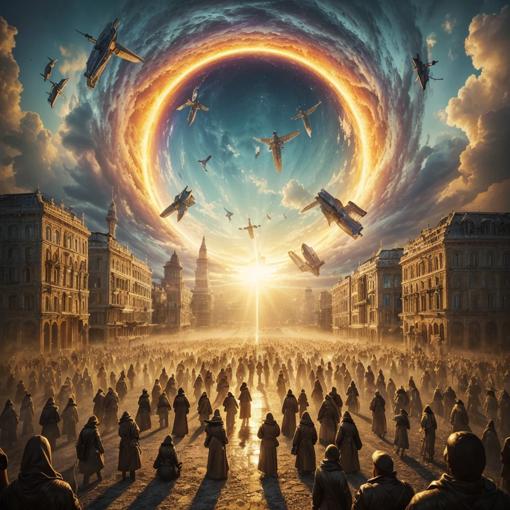 People being sucked into a vortex or portal. Photorealism, full view, highly detailed image, very realistic, hyperrealism, Ultra HD, 8k, 5, sharp focus, intricate and mysterious masterpiece. (Long exposure photography Highly detailed close-up portrait art illustration: final quality, medium shot, backlit, Rich and eye-catching. Enigmatic and mysterious manipulations (composition of the rule of thirds), ((detailed environment with strong lines) The best quality, in camera, white light, warm and clean aesthetics, dazzling screen composed of millions of brilliant ultraviolet rays, HDR.