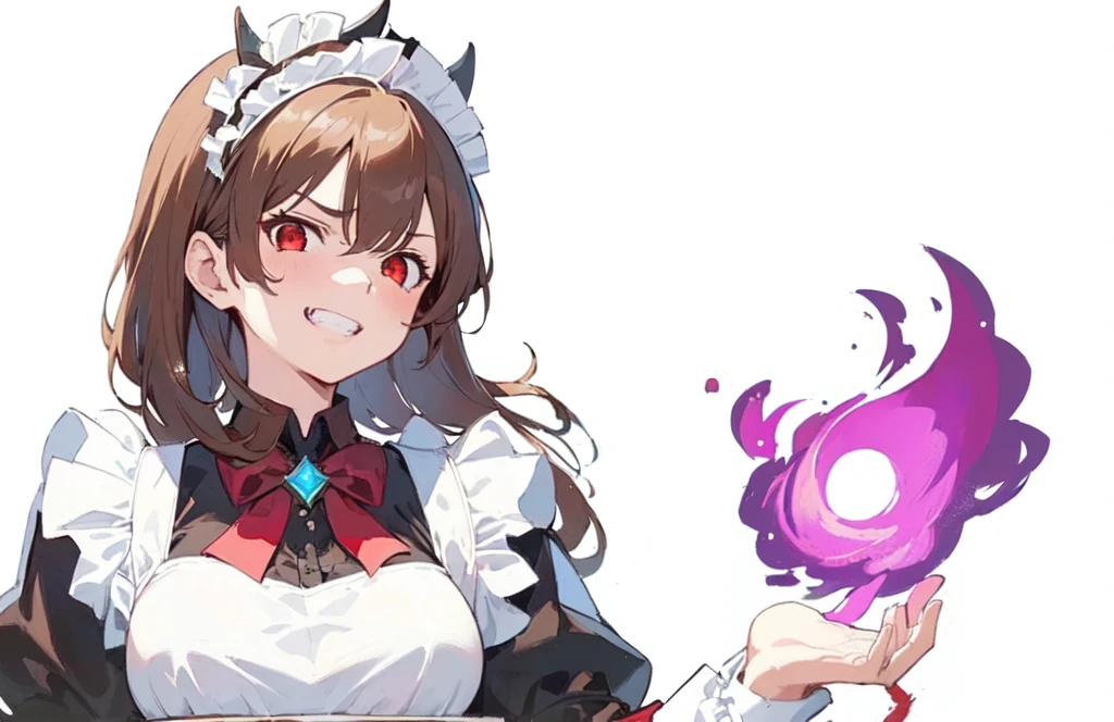 masterpiece, best quality, game_cg, girl, maid, short hair, brown hair, frown, jitome, scowl, crazy, dark_persona, red eyes, large breasts, using fire magic, maid clothes, grin, teeth , open hand, maid_headdress,