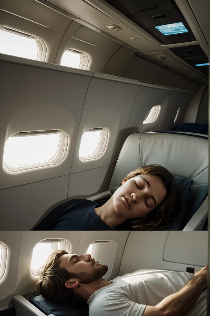 bottom: Interior of an airplane with a realistic touch but with a dreamlike feel. The seats are arranged in rows and you can see some windows showing the outside.
Sleeping Beauty: On the window seat, with an expression of deep peace and a soft light illuminating his face.
The narrator: Sitting next to him, leaning slightly towards her, watching his sleeping face. His gaze reflects amazement and internal reflection..
Light and atmosphere: A play of lights that creates a calm and slightly ethereal atmosphere, highlighting the feeling of a moment out of time.