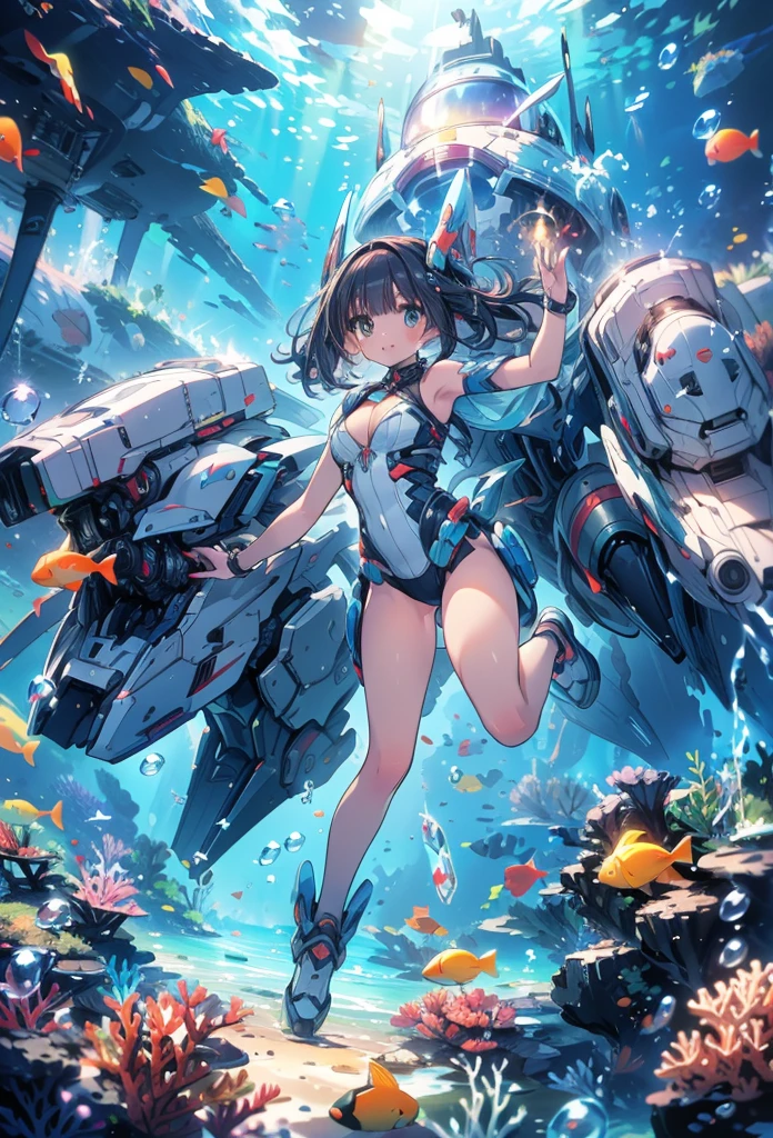 masterpiece, best quality, high resolution, extremely detailed CG, absurdres, highres, 1girl, solo, a girl in mech suit moving fast with rocket boosters under the sea,headgear,Thighs, cleavage,  jets, torpedo, arounded by bubbles, coral, Colorful portraits