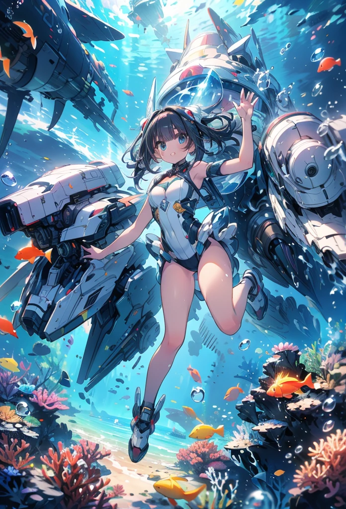 masterpiece, best quality, high resolution, extremely detailed CG, absurdres, highres, 1girl, solo, a girl in mech suit moving fast with rocket boosters under the sea,headgear,Thighs, cleavage,  jets, torpedo, arounded by bubbles, coral, Colorful portraits