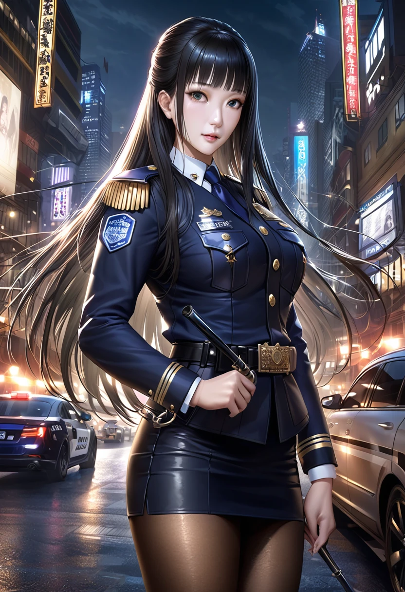 Highest品質、masterpiece、8K、Realistic、超High resolution、Very delicate and beautiful、High resolution、Cinema Lighting、medium range shooting、Perfect female body、Beautiful woman、Mature Woman、Medium Chest、Cityscape、Ryuzoji Akane、(Hime cut:1.8、Half-up long hair:1.8、Black Hair、Purple ribbon)、((Female police officer:1.4、Female police officerの、Female police officerの制帽、Uniform Buttons、tie、Uniform jacket))、Police Vehicles、Baton、handcuffs、wireless、Highest、Leather shoes、Name tag、uniform patch、防弾Highest、Police Badge、pantyhose、Pencil Skirt、pumps、Police Badge、Epaulettes、White handbag