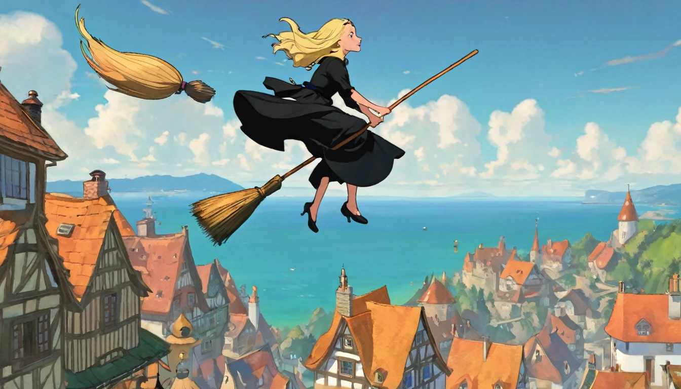 Woman flying in the air astride a broom,witch,Blonde,Below you can see houses, forests, and the sea.