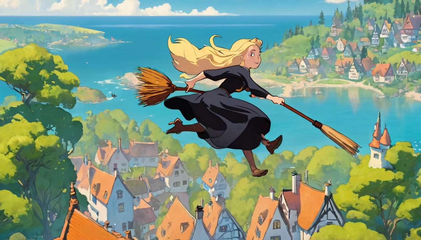 Woman flying in the air astride a broom,witch,Blonde,Below you can see houses, forests, and the sea.