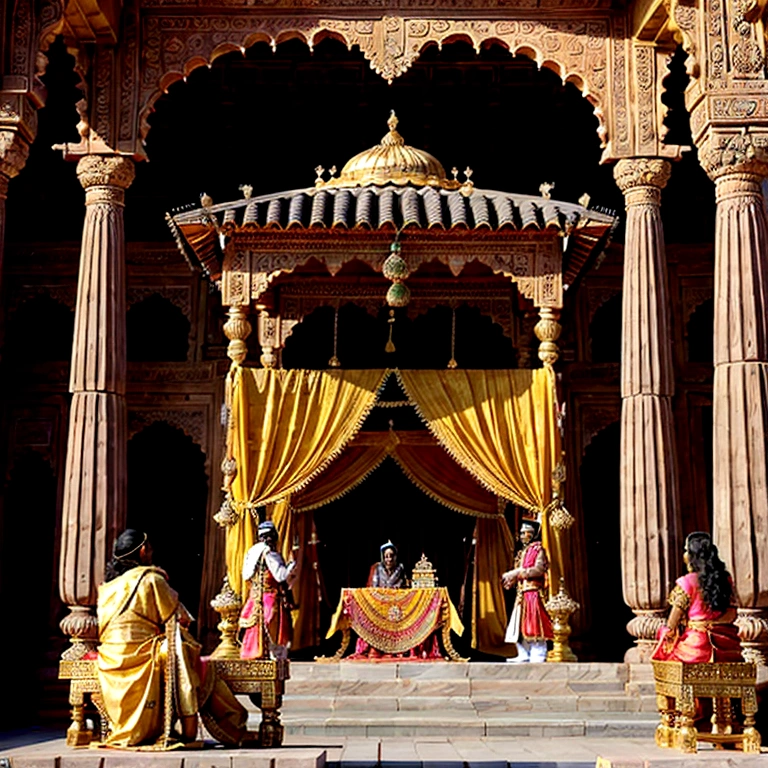 Create a digital artwork of an Indian king chhatrapati shivaji being coronated in an ancient palace. The king is dressed in traditional royal attire with elaborate headgear and jewelry, holding a ceremonial sword and idol. He is surrounded by courtiers and attendants who are wearing traditional Indian clothing. The palace is grand and ornately decorated, with golden pillars, intricate carvings, and garlands. In the background, women are watching the ceremony from a balcony. The scene is vibrant, full of rich colors and intricate details, reflecting the historic and cultural significance of the event.