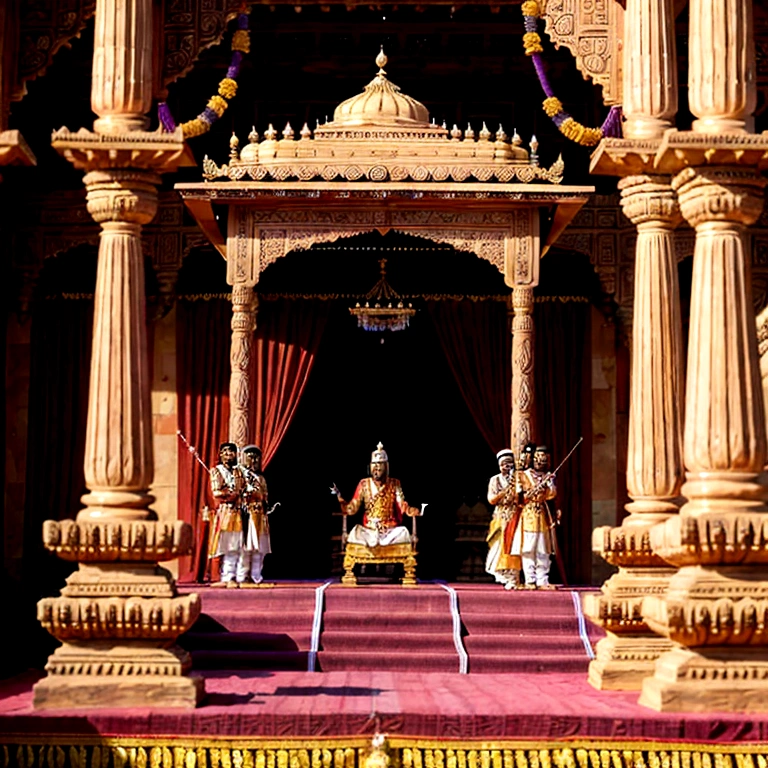Create a digital artwork of an Indian king chhatrapati shivaji being coronated in an ancient palace. The king is dressed in traditional royal attire with elaborate headgear and jewelry, holding a ceremonial sword and idol. He is surrounded by courtiers and attendants who are wearing traditional Indian clothing. The palace is grand and ornately decorated, with golden pillars, intricate carvings, and garlands. In the background, women are watching the ceremony from a balcony. The scene is vibrant, full of rich colors and intricate details, reflecting the historic and cultural significance of the event.