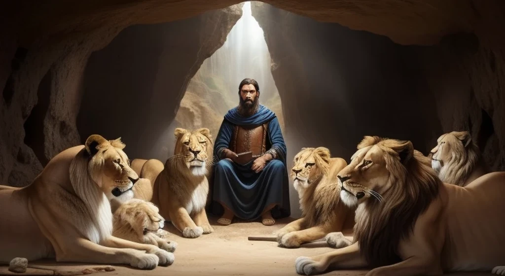 a photo of a man in a cave sitting in front of a group of lion, Cat God, King of Kings, lion, background story: Cave with lion, Epic Bible Representative, King of Beasts, God is watching me, directed by: Howard Lyon, King of the Jungle, Bible illustrations, biblical image, directed by: Leonardo Longo, King of the Jungle, prophetic art