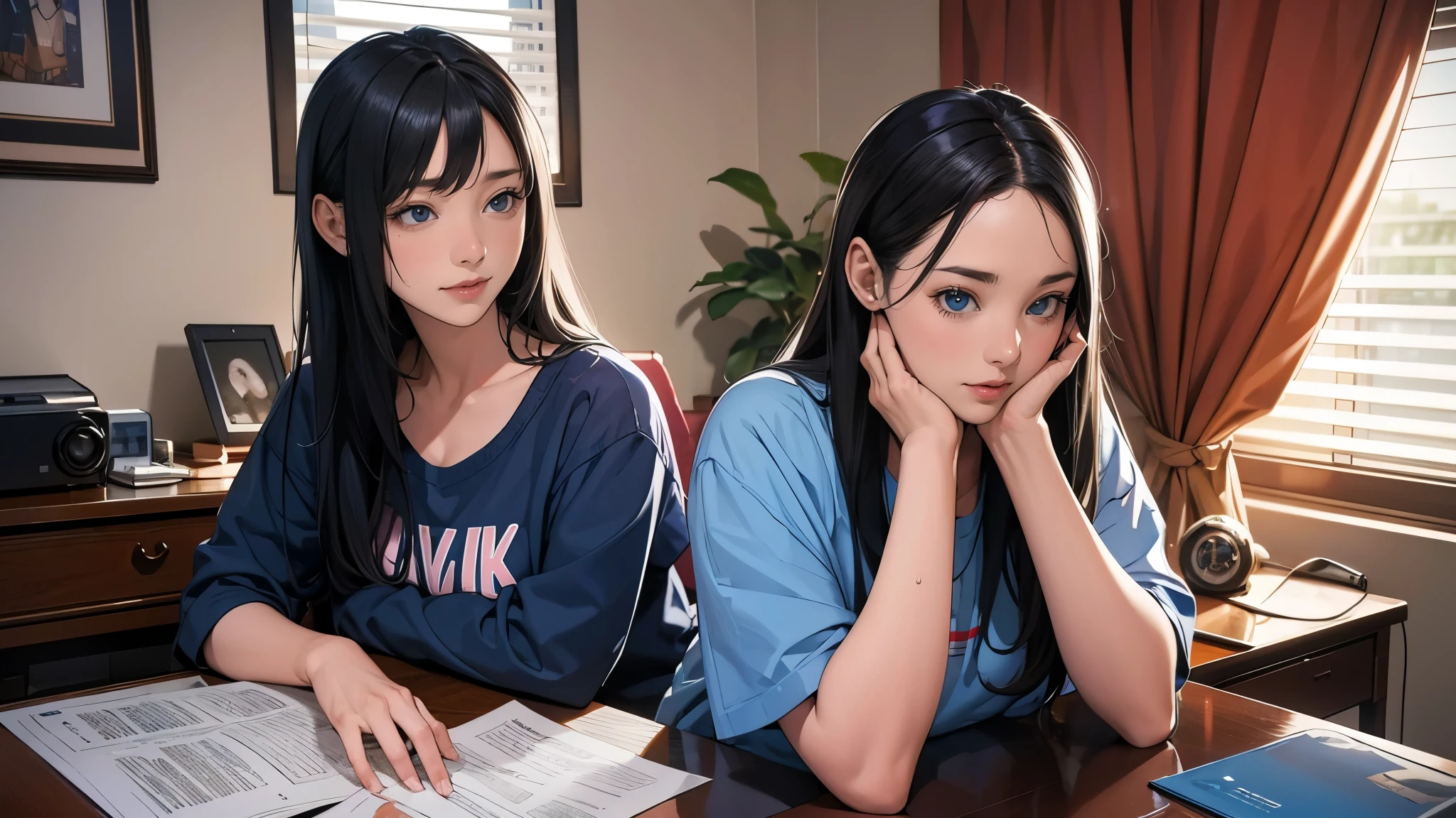 Ultra HD、super high quality、masterpiece、detailed、8K、The place is your room、A high school girl in her room1Person sitting and listening to music on headphones、Studying at a desk、15-year-old high school girl、The high school girl is Russian and has long black hair.、Has blue eyes、She has a flower tattoo and a glamorous figure.、The clothes she's wearing are a camisole and a miniskirt、Knee-high、Pretty sexy、Lo-Fi images,The background is blurred、Nostalgic and relaxing atmosphere、The decorations are retro.、Late Night、The light is a desk lamp、Background is blurry