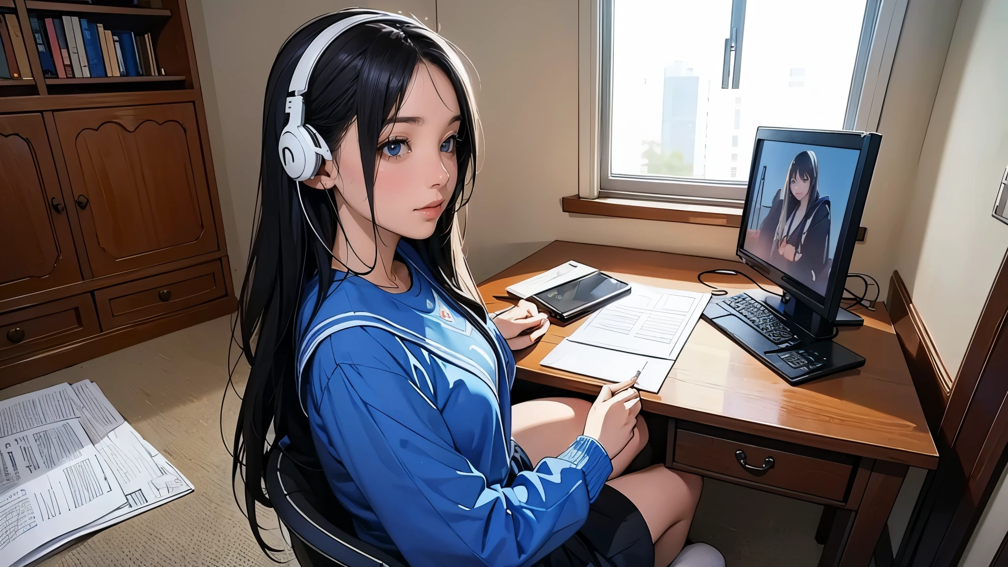 Ultra HD、super high quality、masterpiece、detailed、8K、The place is your room、A high school girl in her room1Person sitting and listening to music on headphones、Studying at a desk、15-year-old high school girl、The high school girl is Russian and has long black hair.、Has blue eyes、She has a flower tattoo and a glamorous figure.、The clothes she's wearing are a camisole and a miniskirt、Knee-high、Pretty sexy、Lo-Fi images,The background is blurred、Nostalgic and relaxing atmosphere、The decorations are retro.、Late Night、The light is a desk lamp、Background is blurry