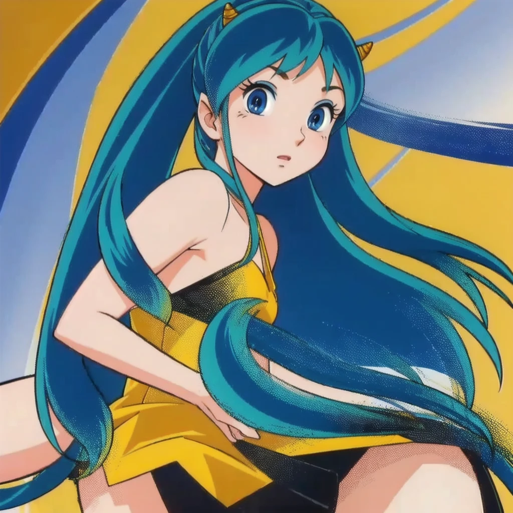 (Realistic:1.5) a girl, solo, long hair, blue eyes, green hair, horns, Lace skirt with a tank top, yellow background,
