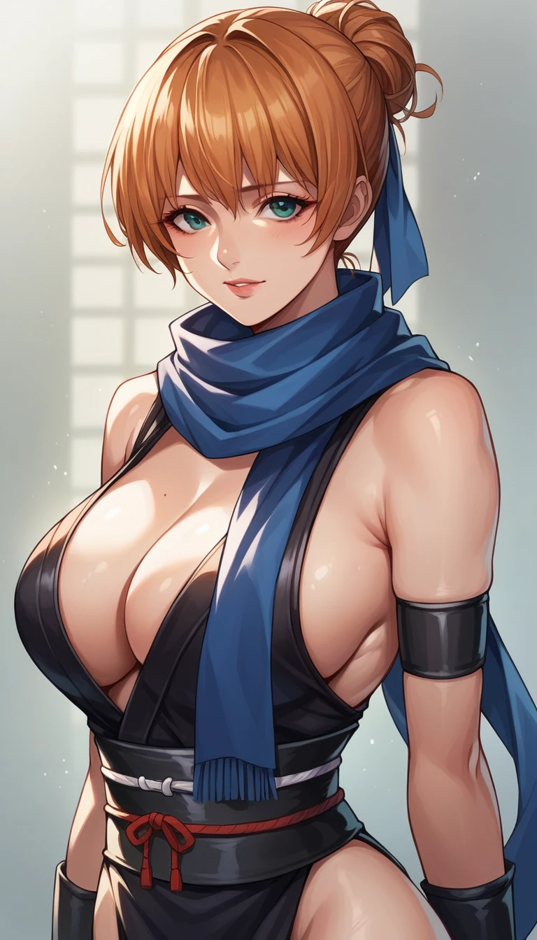 score_9, score_8_up, score_7_up, source_anime kasumi from dead or alive, black ninja clotches, blue scarf, milf, mature woman