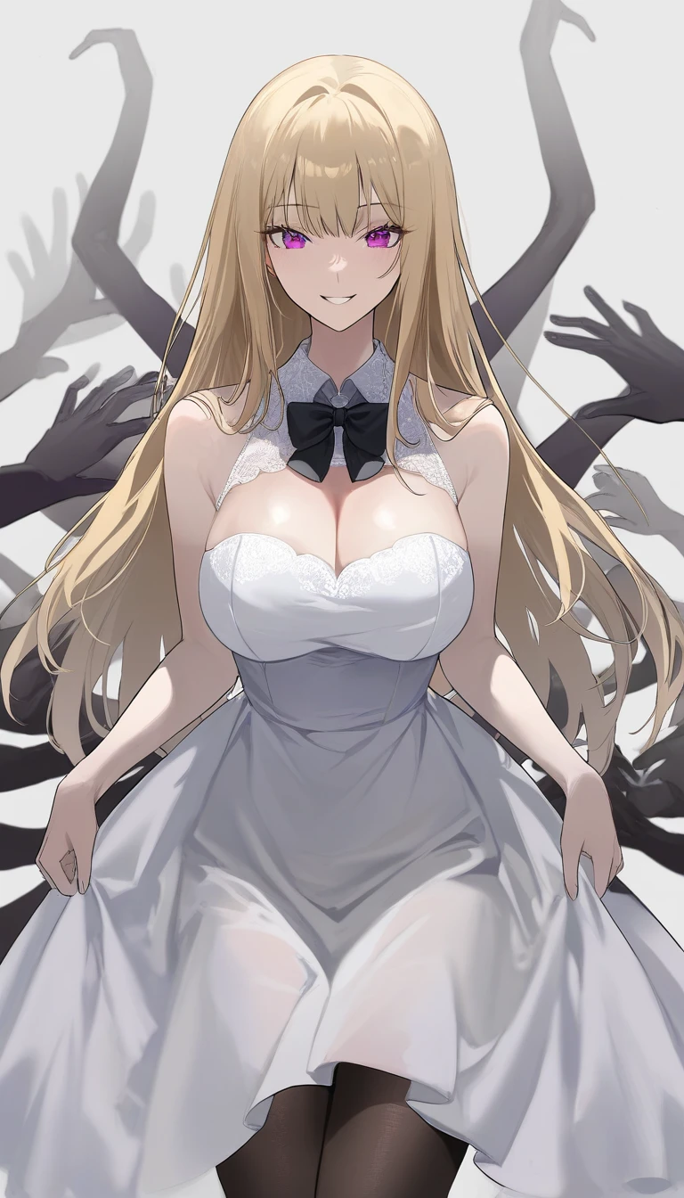 (1girl,20 years old,mature female),blonde hair,long hair,white dress, sleeveless,black bow tie, bare shoulders,smile,cleavage,pantyhose,evil smile,extra arms,((white background)), aesthetic, detailed, beautiful color amazing quality, best quality, high quality