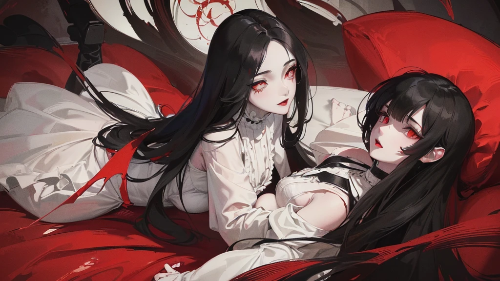 Art, An detailed illustration of (girl with straight black hair wearing a white and dark red dress and big, pale skin and red eyes with a scary look 4k, retro gothic, dark fantasy, victorian style, highly detailed, anime style, intricate, octane render, extremely detailed and with a dark background behind her
