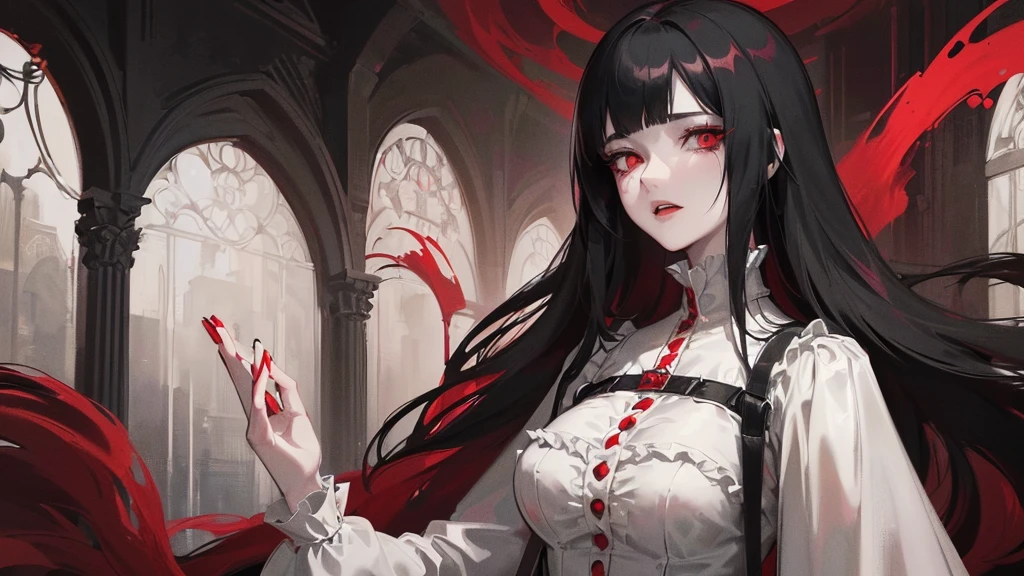 Art, An detailed illustration of (girl with straight black hair wearing a white and dark red dress and big, pale skin and red eyes with a scary look 4k, retro gothic, dark fantasy, victorian style, highly detailed, anime style, intricate, octane render, extremely detailed and with a dark background behind her